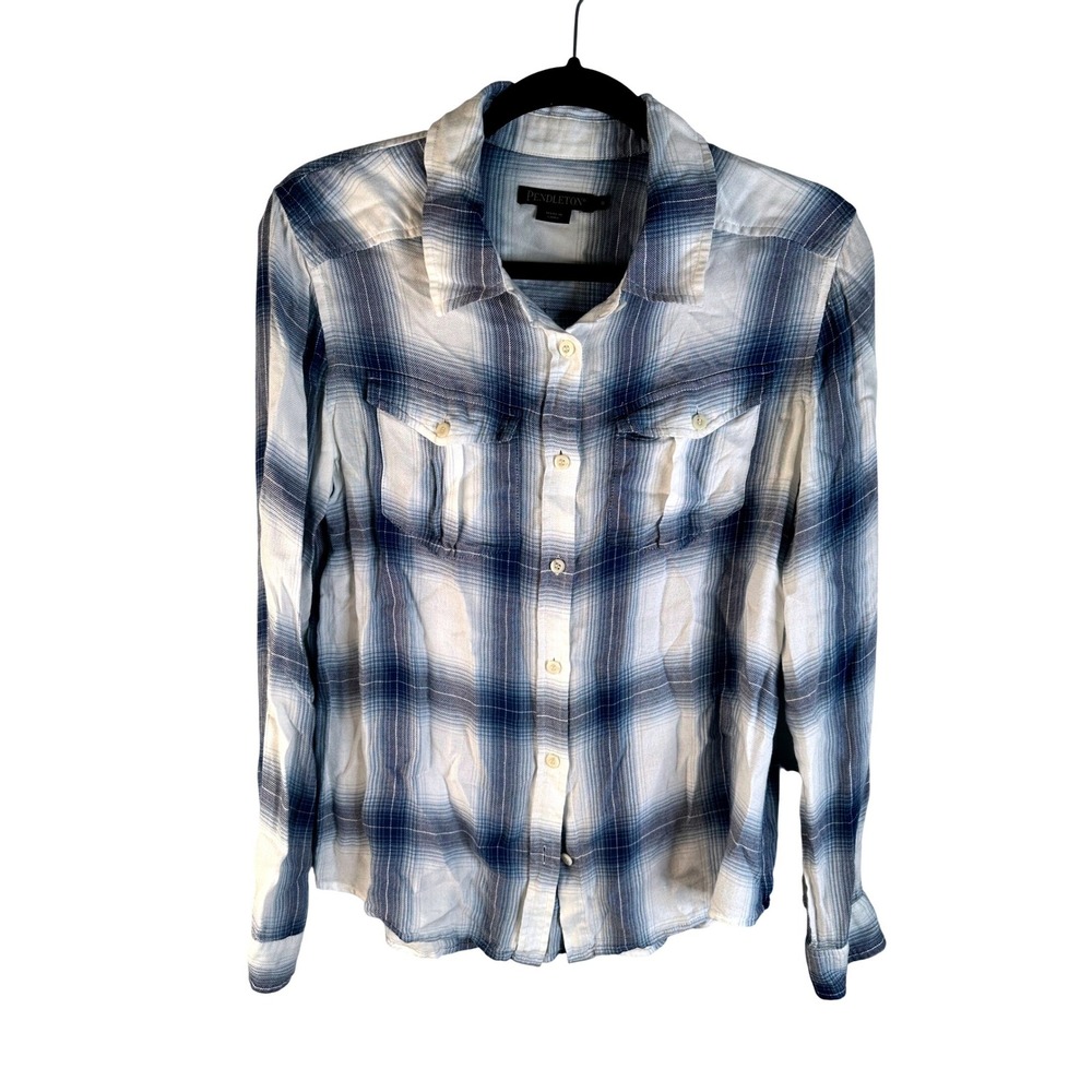Pendleton Women's Blue White Plaid Long Sleeve Button Up Shirt Size Small